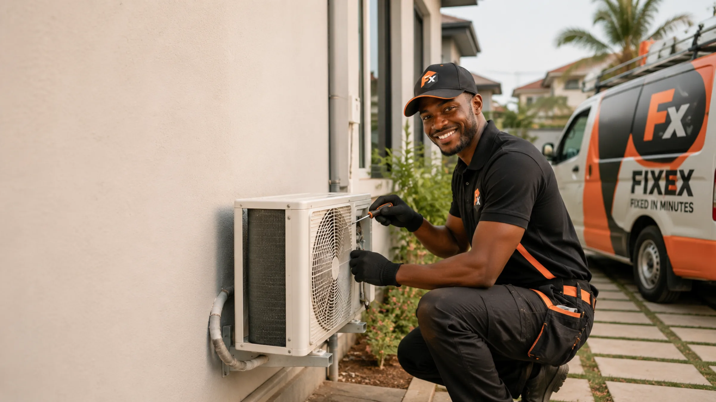 A technician servicing an air conditioning unit