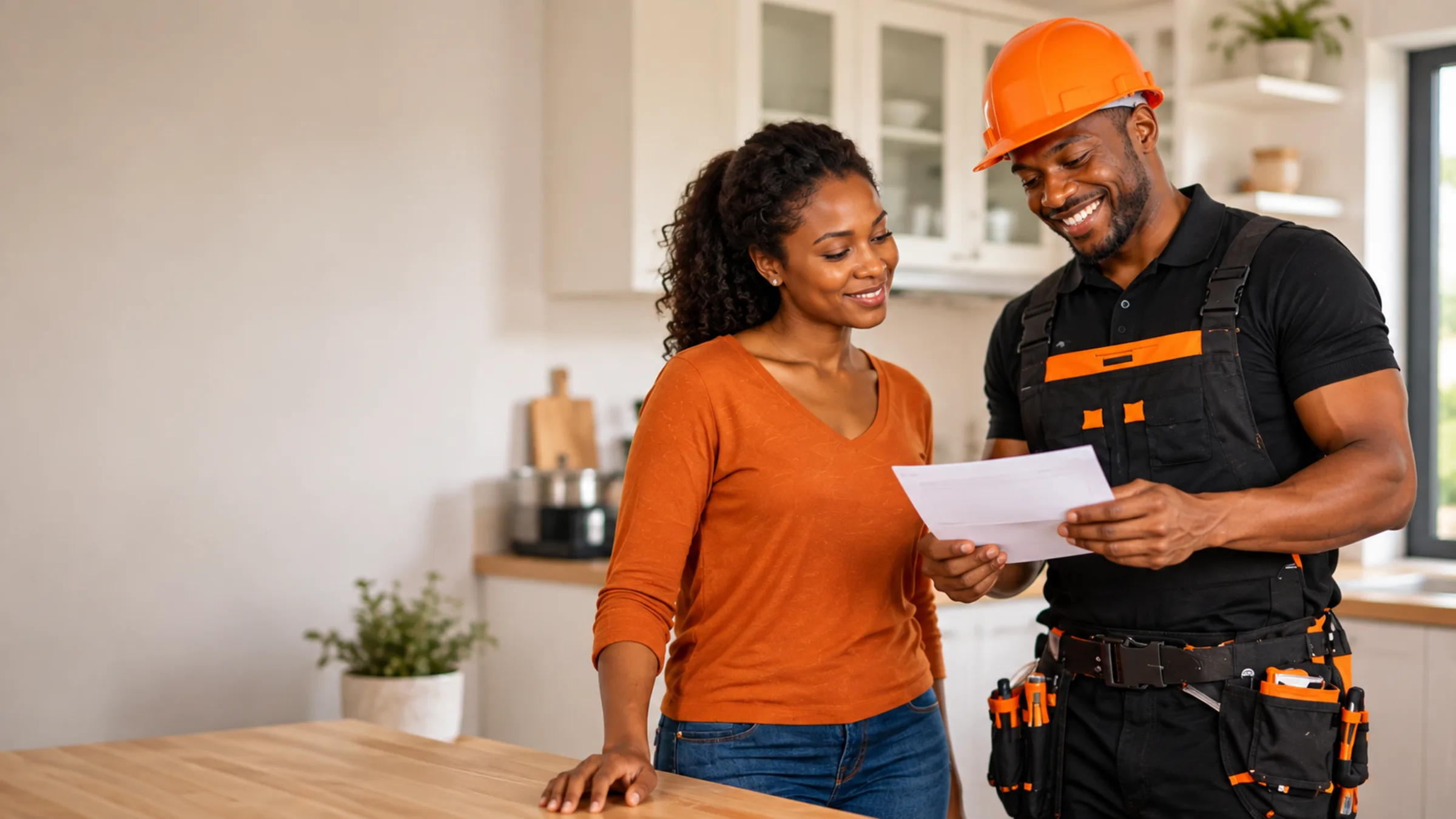 A FIXEX technician going through a quote with a customer in her kitchen