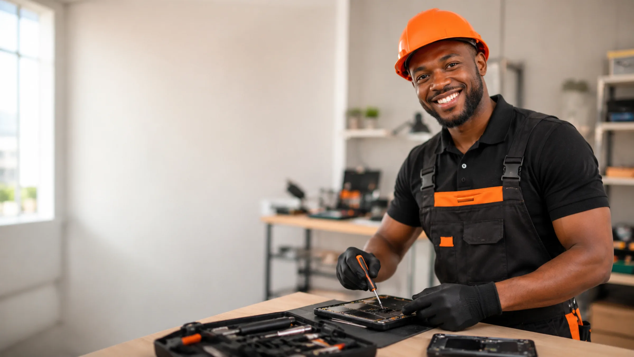 A FIXEX technician repairing a device at a workbench